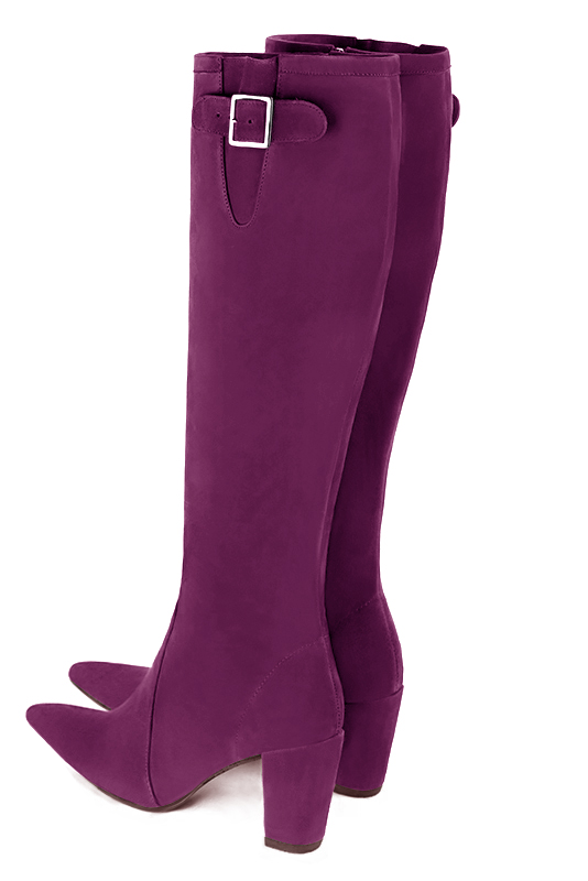 Mulberry purple women's knee-high boots with buckles. Tapered toe. High block heels. Made to measure. Rear view - Florence KOOIJMAN